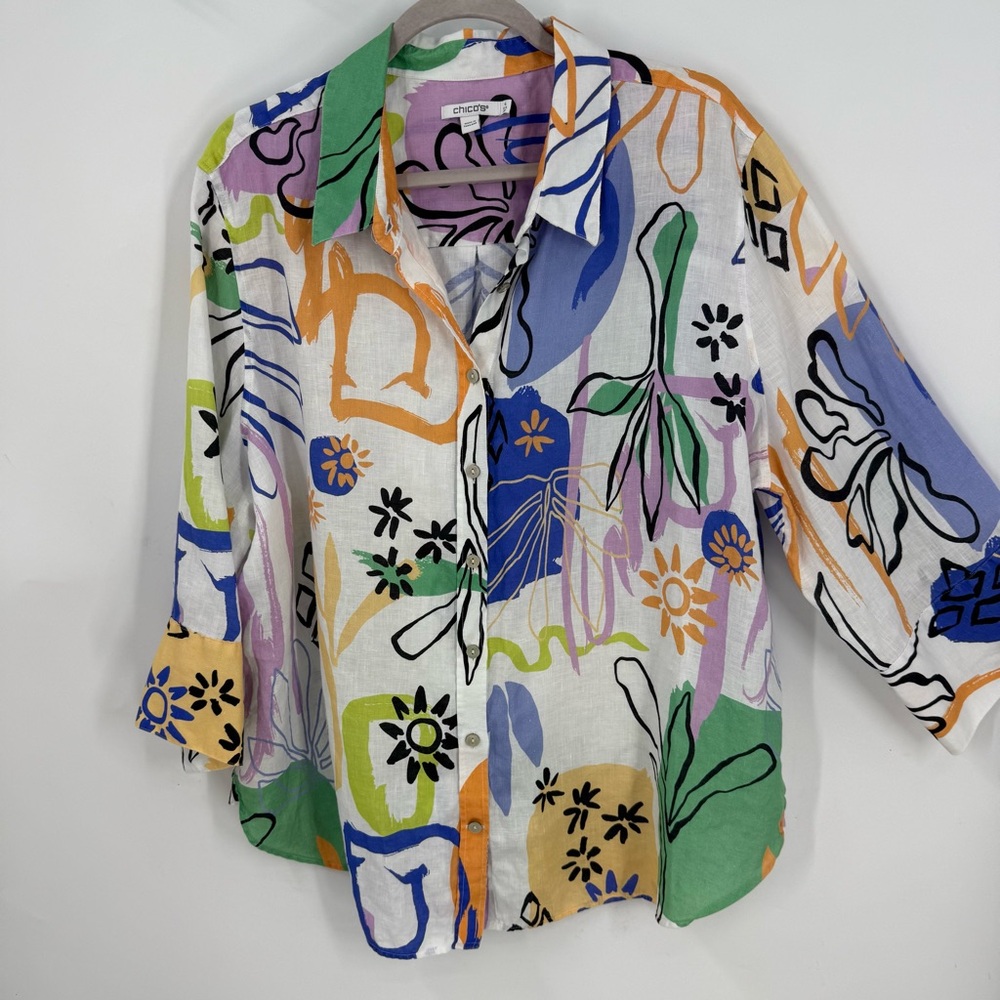 Chico's No Iron™ Linen Surreal 3/4 Sleeve button down colorful Shirt 4